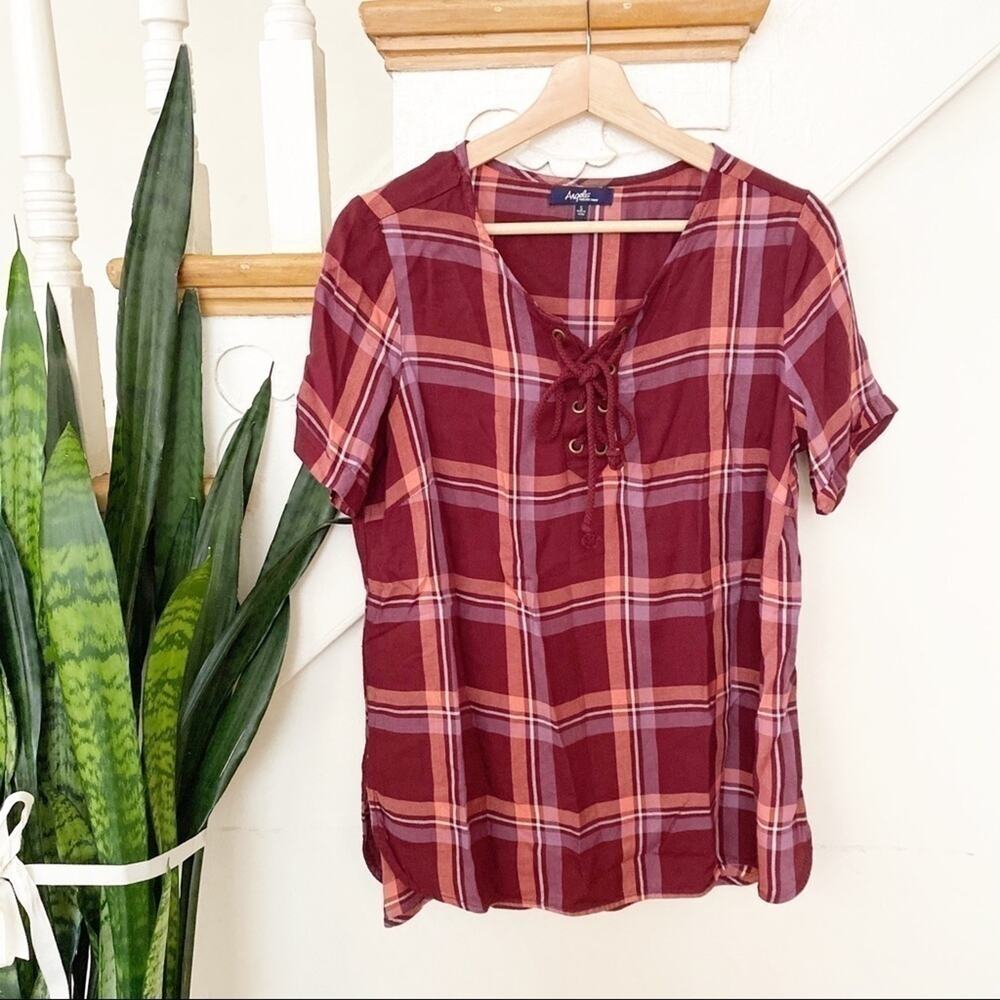 Angels plaid maroon lace up short sleeves blouse S